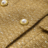 Women's Golden Sequin Blazer - Elegant V-Neck Double Breasted Evening Jacket, Slim Fit Formal Party Outerwear