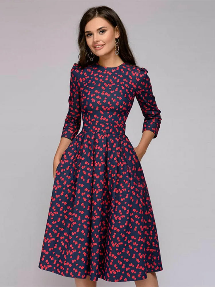 Women’s Vintage Pleated Tunic Print Dress – Elegant A-Line Party Dress
