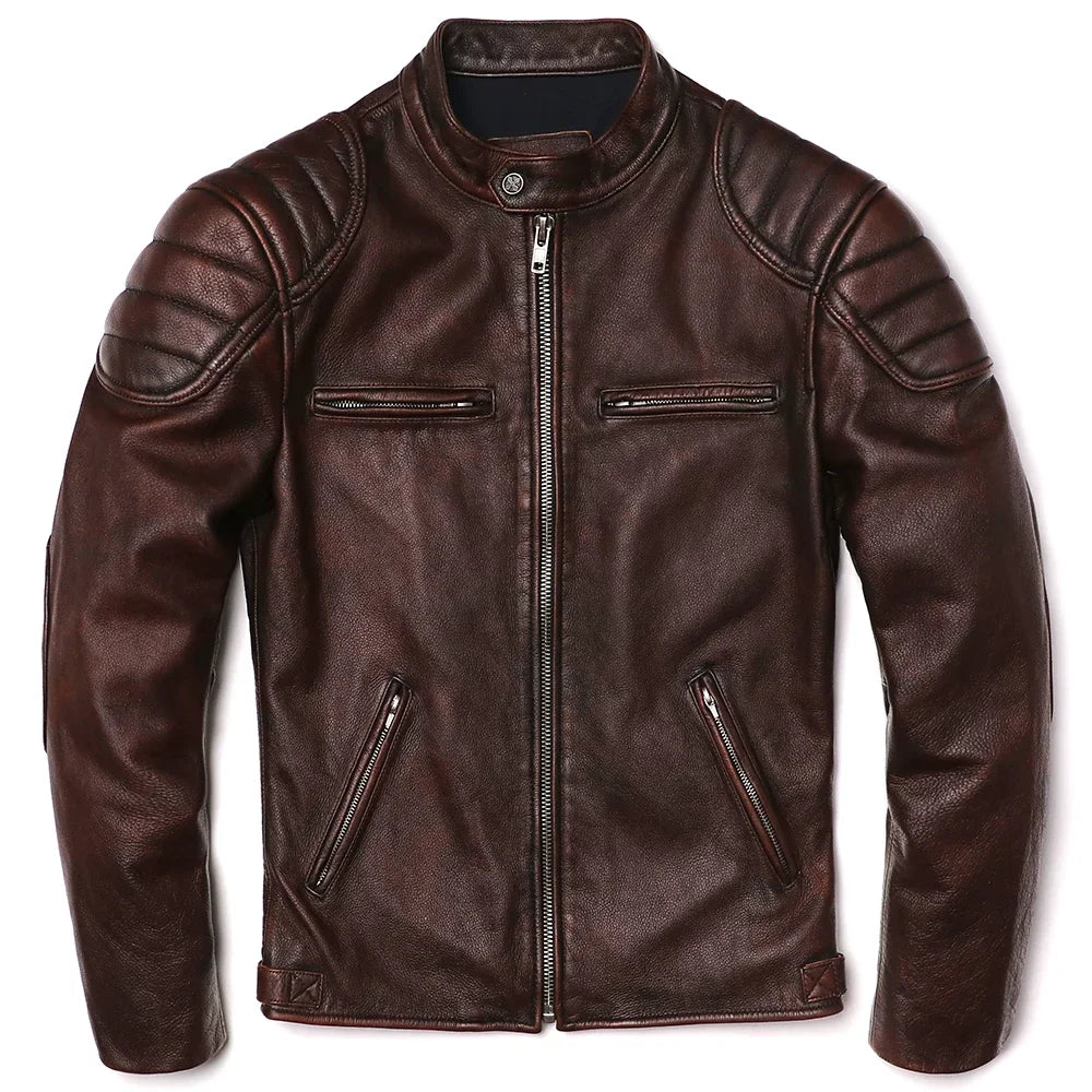 Men's Genuine Leather Motorcycle Jacket – Vintage Natural Cowhide Biker Coat