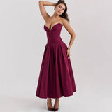 Women's Elegant Wine Red Corset Maxi Dress