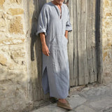 Herren langes Baumwolle Leinen Jubba Thobe – V-Ausschnitt Muslim Arabisch Islamischer Kaftan