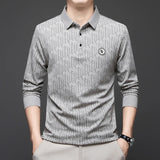 Men's Long Sleeve Polo Shirt with Badge – Business Casual Solid Color Top