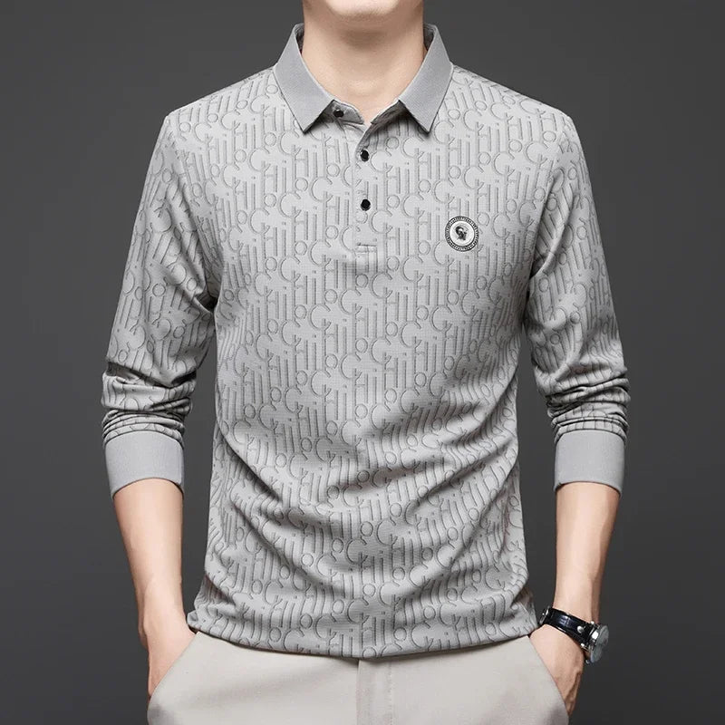 Herren Langarm-Poloshirt mit Abzeichen – Business Casual Uni-Oberteil