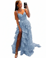 Sparkly Tiered Lace Tulle Prom Dress | Long Spaghetti Strap Corset Gown