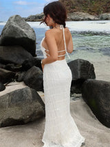 Damen-Maxikleid mit Schnürung am Rücken, rückenfrei, für den Urlaub, Strand, hohe Taille, einfarbig, elegant