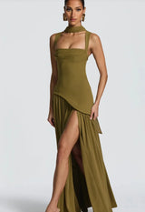 Elegantes grünes Abendkleid mit Schal – Schnürung hinten, hoher Schlitz, Maxi