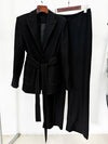 Designer Contrast Stitching Suit Set | Women’s Belted Blazer & Tailored Pants