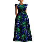 The "Heritage Queen" Floor-Length Gown: Bold Ankara Wax Cotton Dress with Short Sleeves