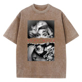 European Style Portrait Graphic T-Shirt - Women's Vintage Washed Cotton Tee