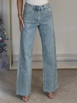 Damen-Jeans mit geradem Bein und Diamantbesatz – High-Waist-Stretch-Mom-Jeans, Vintage-Waschung