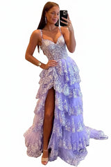 Sparkly Tiered Lace Tulle Prom Dress | Long Spaghetti Strap Corset Gown