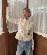 Eleganter bedruckter Spitzen-Hohl-Oberteil – Vintage-Damen-Sommerhemd mit Durchblick