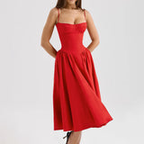 Women's Elegant Red Spaghetti Strap Midi Dress