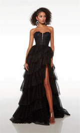 Abendkleid mit schwarzer Spitzenstickerei | Glitzer-Tüll-Lagenkleid