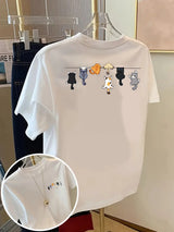 Women's Oversized Cotton Cartoon Cat Print T-Shirt