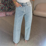 Damen-Jeans mit geradem Bein und Diamantbesatz – High-Waist-Stretch-Mom-Jeans, Vintage-Waschung