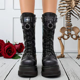Women's Goth Platform Black Lace-Up Combat Boots – Punk Wedge High Heels with Rivet Buckle