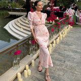 Tief geschnittenes V-Neck Abendkleid mit hoher Taille – Eng anliegendes Langarm-Fischschwanz-Kleid für Büro-Partys