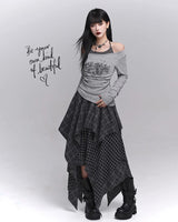Acubi Fashion Plaid Asymmetrical Skirt | Women’s Alt Goth Elastic Waist Maxi