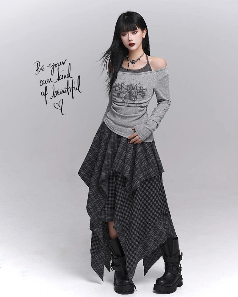 Acubi Fashion Karierter Asymmetrischer Rock | Damen Alt Goth Maxi mit elastischem Bund