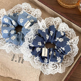 Denim Color Embroidered Flowers Lace Hair Scrunchies