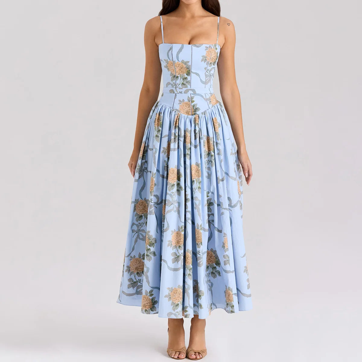 Women's Elegant Blue Floral Print Midi Dress