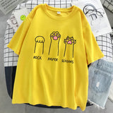 Schere-Stein-Papier Lustiges Katze Grafik-T-Shirt Weiches Casual Streetwear T-Shirt für Damen