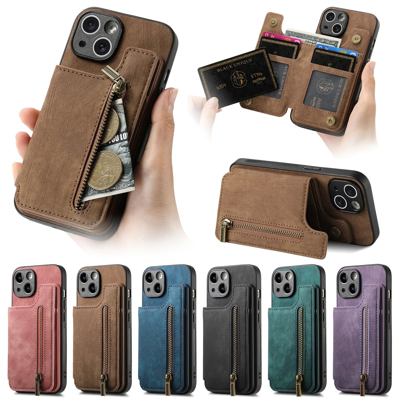 Zipper Wallet Leather Case for iPhone 17 Air 16 15 14 Pro Max | Card Slot Pocket