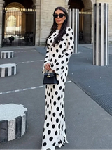 Damen weißes Polka-Dot Maxikleid – lässiges, eng anliegendes O-Neck Kleid