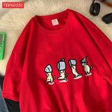 Niedliche Katzen mit Fisch Baumwoll-T-Shirt | Lustiges Cartoon-Grafik-T-Shirt für Damen