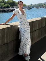 Women’s Sexy White Polka Dot Maxi Dress – Deep V-Neck Short Sleeve Lace Up Dress