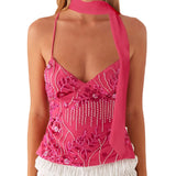 Damen Y2K Pailletten Neckholder Crop Top – Perlenbesticktes Glitzer-Cami