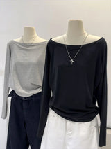 Women’s Off-Shoulder Long Sleeve T-Shirt – Solid Color Casual Slim Fit Top