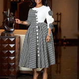 Women’s Elegant 3D Flower A-Line Dress – Fall Fashion African Plaid Evening Gown