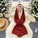 Eleganter Neckholder Swing-Kragen Jumpsuit Vintage Hohe Taille Schmal geschnittener Strampler für Frühling/Sommer