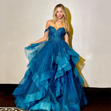 Glitzer-Spitzenstickerei-Ballkleid | Blaues Tüll-Rüschen-Abendkleid