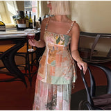 Women’s Printed Ruffle Square Neck Lace-Up Vacation Dress