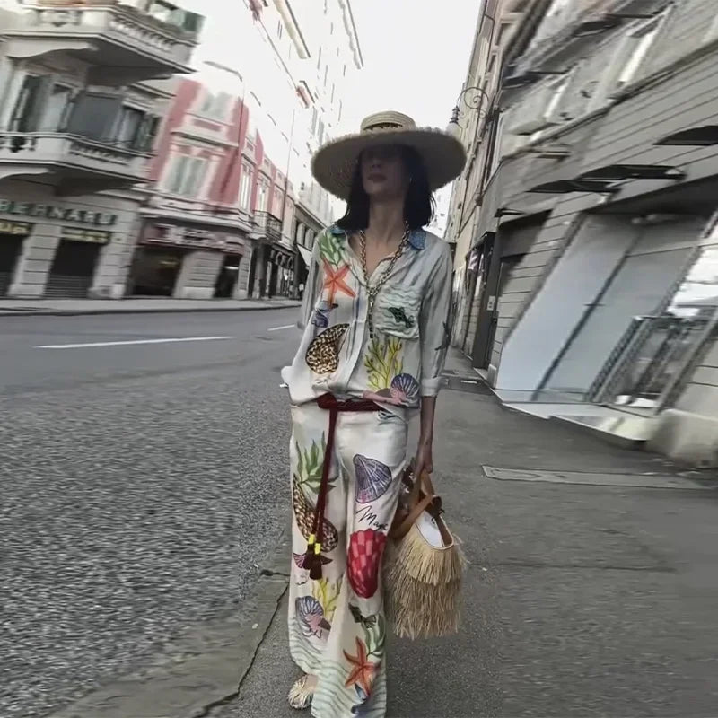 Casual Silk Surface Trouser Suit for Women | Long Sleeve Flower Printed Lapel Shirt & Pants