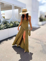 Elegantes grünes Abendkleid mit Schal – Schnürung hinten, hoher Schlitz, Maxi