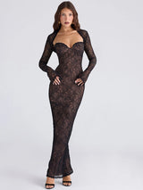Damen sexy schwarzes Spitzenkleid mit langen Ärmeln – Abendkleid & Partykleid mit tiefem Brustbereich und Blumenmuster