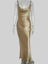 Women’s Sexy Satin Spaghetti Strap Maxi Dress – Backless Lace-Up Trumpet Evening Dress