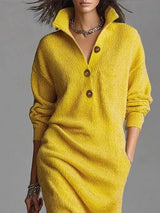 Women’s Elegant Lapel Collar Knit Dress – Long Sleeve Ribbed Solid Midi Dress