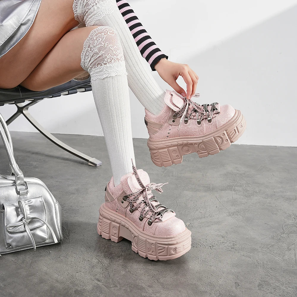 Women’s Pink Retro Punk Metal Decor Platform Ankle Boots