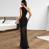 Damen schulterfreies, durchsichtiges, langes Kleid – sexy rückenfreies High-Waist-Patchwork-Kleid