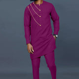 Afrikanisches Einreihiges Hemd mit Kettendetail und Hose Herren 2-teiliges Bazin Riche Set