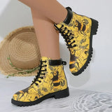 Women’s Printed Lace-Up Ankle Boots – Retro Round Toe Vintage Floral Low Heel Chelsea Boots