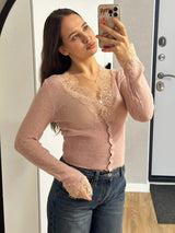 Women’s Elegant Lace Patchwork Cardigan – Chic V-Neck Slim Knit Sweater