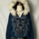 Vintage Y2K Hoodie mit Totenkopf-Print und Reißverschluss für Damen | Subkulturelle Ästhetik Kapuzen-Cardigan-Mantel | Herbst Winter Sweatshirt