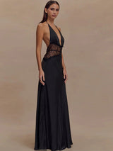 Damen Sexy Neckholder-Maxikleid aus Spitze mit tiefem Ausschnitt – rückenfreies Patchwork-Abendkleid