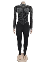 Sexy schwarzer Mesh-Overall – Glitzernder Strass-Bodycon-Einteiler